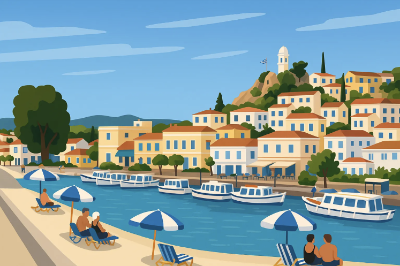 LMU Summer in Spetses Media, Image of umbrellas by the beach